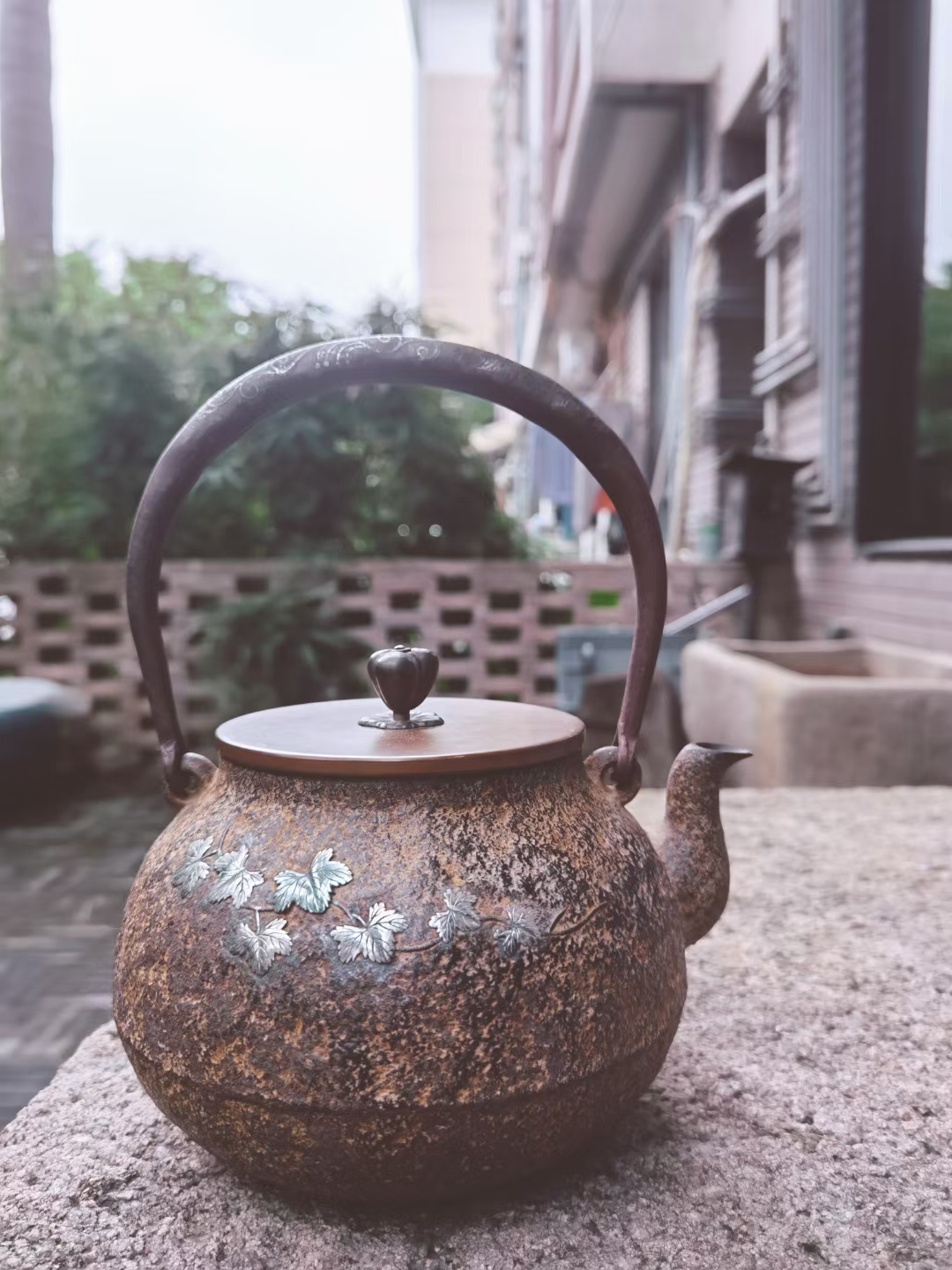 日本 茶道具 金寿堂 雨宫造 嵌银葡萄叶纹 铁瓶/老铁壶