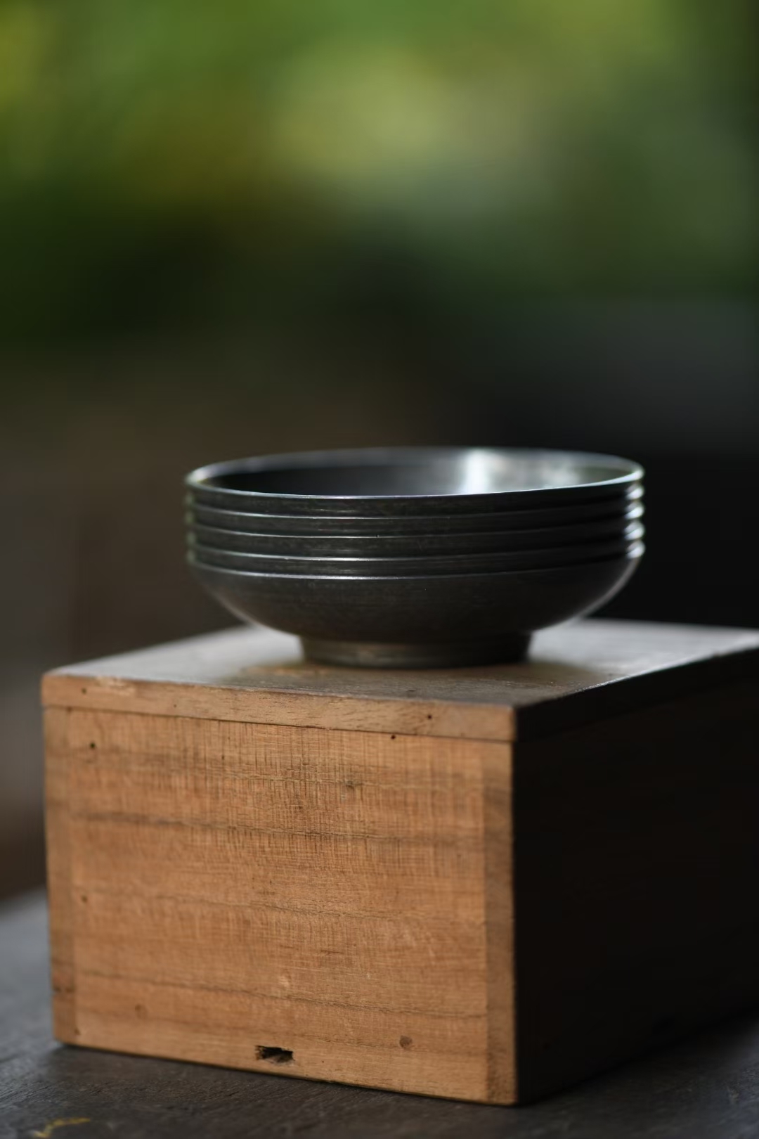 日本『乾茂號造』造　本錫製　斑紋円式茶托五客揃   箱付   錫茶托    茶道具